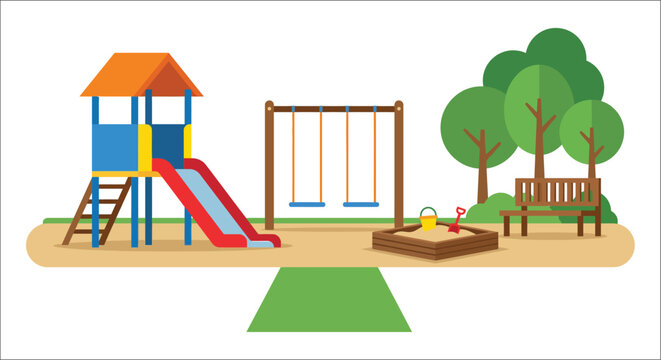 Playground scene with swing set slide and sandbox in a flat vector illustration
