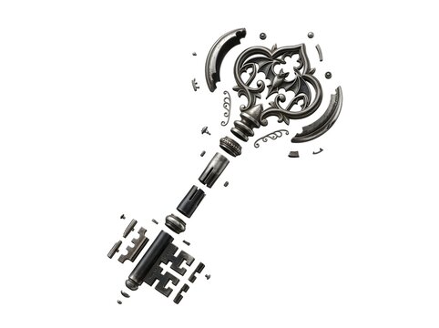 Exploded view of an ornate vintage gothic key isolated on a white background