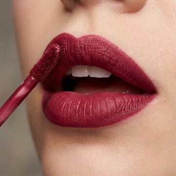 Close up view of a woman applying dark red liquid lipstick