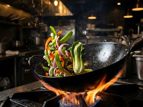 Fresh vegetables stir fry cooking in a hot metal wok pan over open fire in a restaurant kitchen. Wok cooking tips