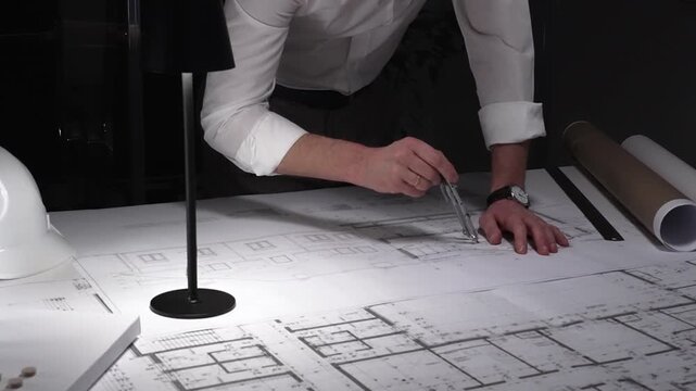 Architect developing blueprint for construction project, drafting building plan using ruler on desk with safety hard hat. Business and architect people concept