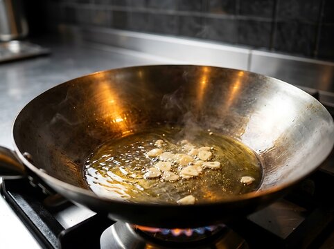 Sizzling garlic and herbs frying in a metal wok on a kitchen stove. Wok cooking tips