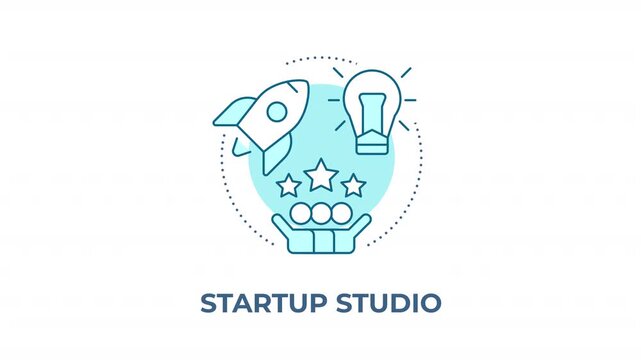Startup studio blue concept icon animation. Accelerating early stage venture creation. Institutional entrepreneurship model. Cyan circular animated abstract idea. HD video with alpha channel