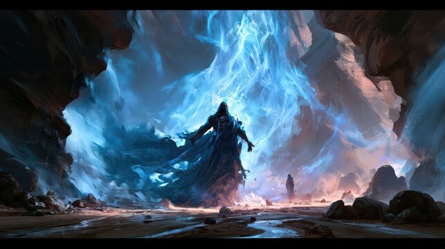 Mysterious Mage Conjuring Blue Magic Energy in Dark Cavern