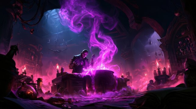 Mysterious Alchemist Brews Potion in a Dark Magical Laboratory