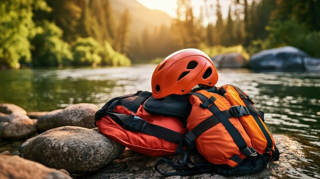 Outdoor River Adventure Gear Ready for Action in Sunny Nature Scene