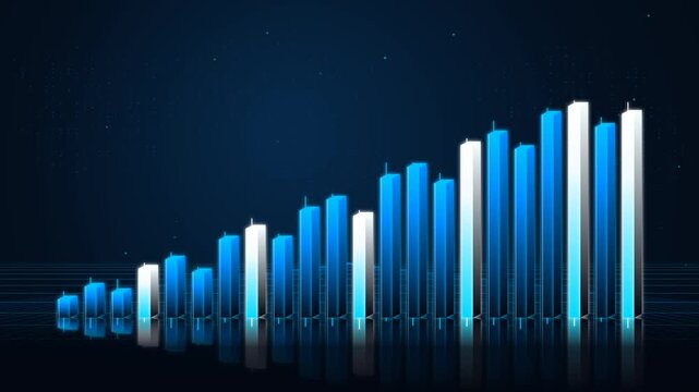 Glowing blue bar chart showing upward business growth trend.