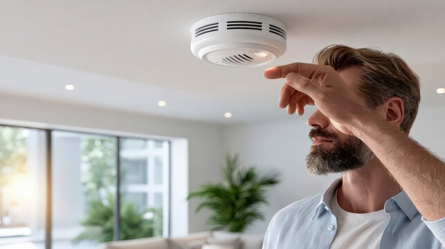 Man Testing or Resetting Smoke Detector for Home Safety and Security