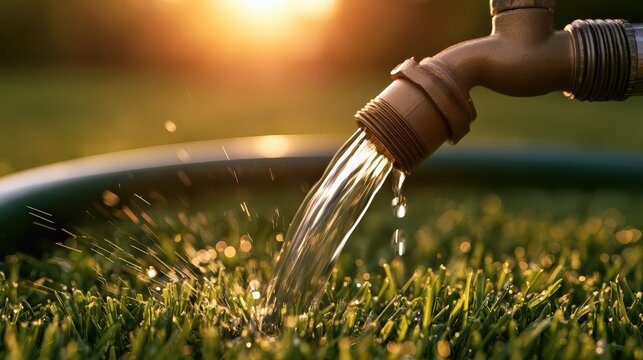 Water Flowing From an Outdoor Garden Faucet Onto Green Grass