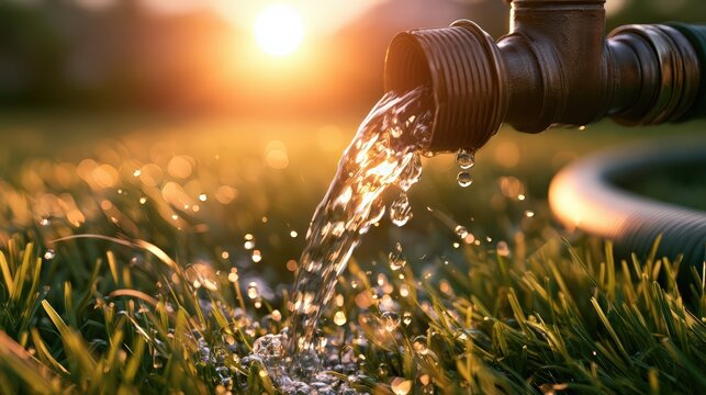 Fresh Water Flowing From Hose in Grass at Golden Sunset