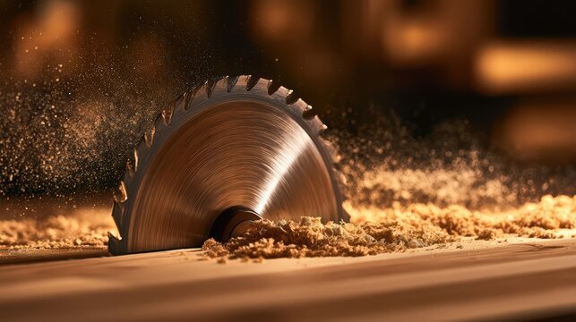 Circular Saw Blade Cutting Wood with Flying Sawdust in Workshop