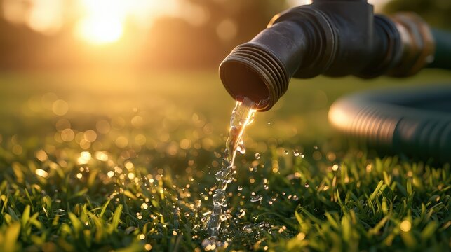 Fresh Water Flowing From Garden Hose Onto Green Grass at Sunset