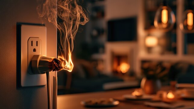 Overheated Electrical Outlet Plug Burning with Smoke in a Home