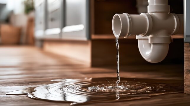 Leaking Water Pipe Underneath a Kitchen Sink Creating a Puddle