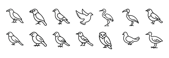 Naklejka premium Birds line icon set featuring crow dove heron owl and more vector illustration