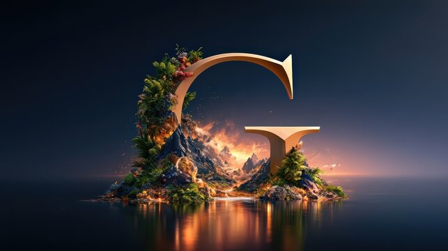 Golden Letter G with Lush Nature and Reflective Water at Sunset