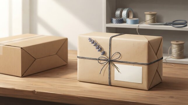 Craft paper gift parcel tied with string and lavender