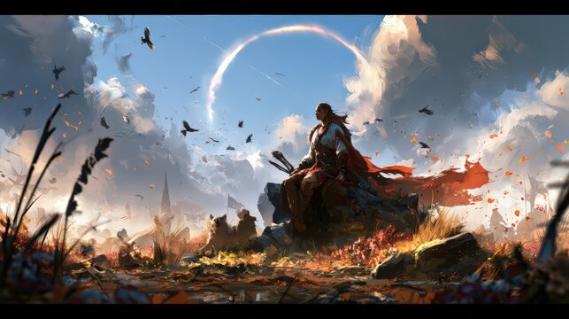 Woman Warrior Surveys Post-apocalyptic Landscape with Eclipse Sky