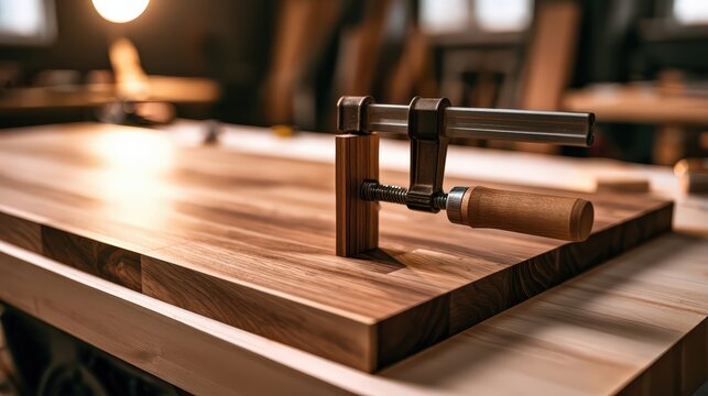 Woodworking Craftsmanship with Wood Clamp Securing a Newly Made