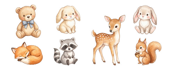 Fototapeta premium Woodland Baby Animals Watercolor Nursery Character Set