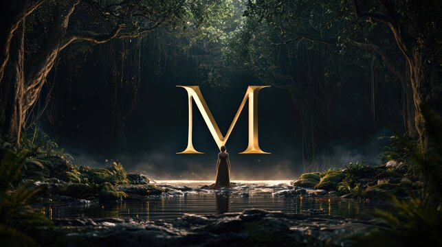 Golden Letter M Mysteriously Gleaming in Dark Forest Setting