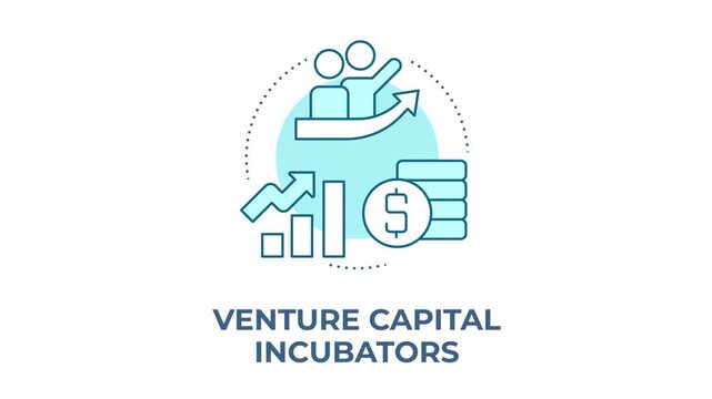 Venture capital incubators blue concept icon animation. Startup ecosystem growth. Scaling business innovation. Market validation. Cyan circular animated abstract idea. HD video with alpha channel