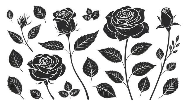 Black rose flower silhouette collection isolated on white background for graphic design