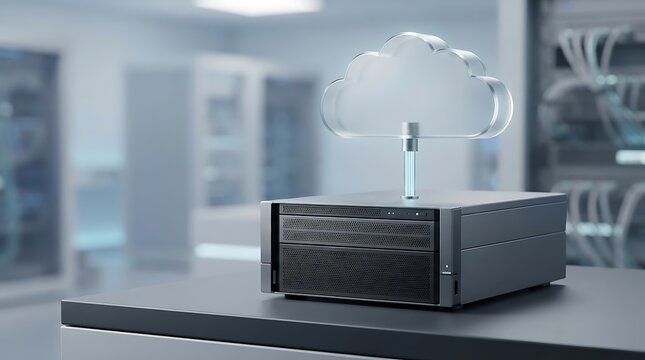 Cloud computing server hardware with glass data icon