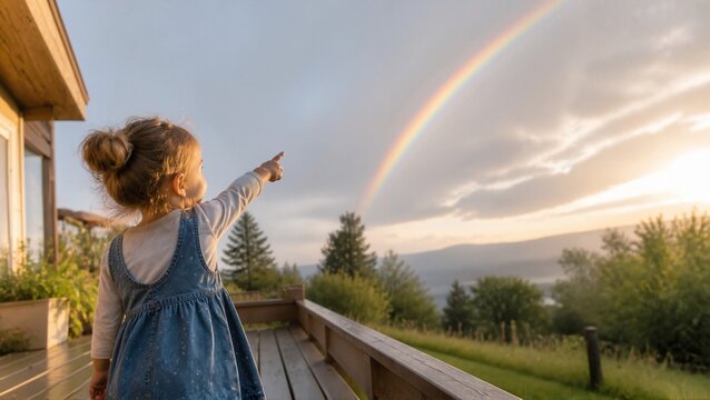 Child joyfully pointing at a rainbow in the sky