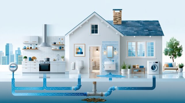 Modern Home with Detailed Water Supply and Plumbing System Cutaway