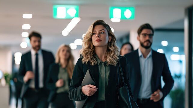 Confident Businesswoman Leading Diverse Team in Modern Office Hallway