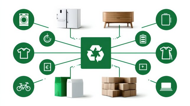 Circular Economy Concept Connecting Products, Recycling, and Reuse