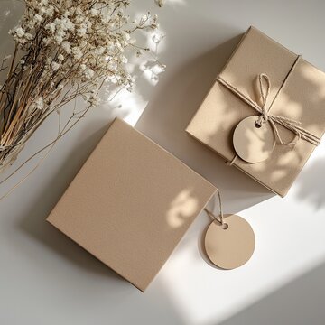 Gift Box Mockup With Round and Square Tags