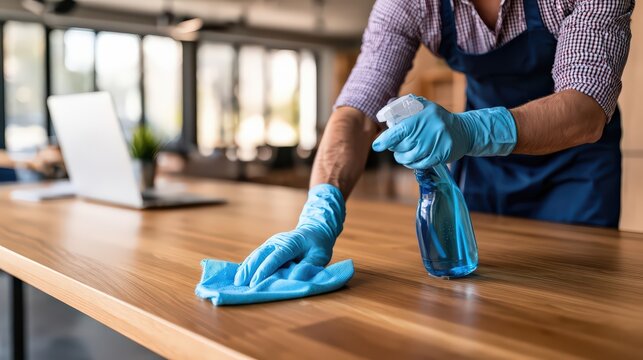 Professional Cleaning Service Disinfecting Wooden Surface in Office