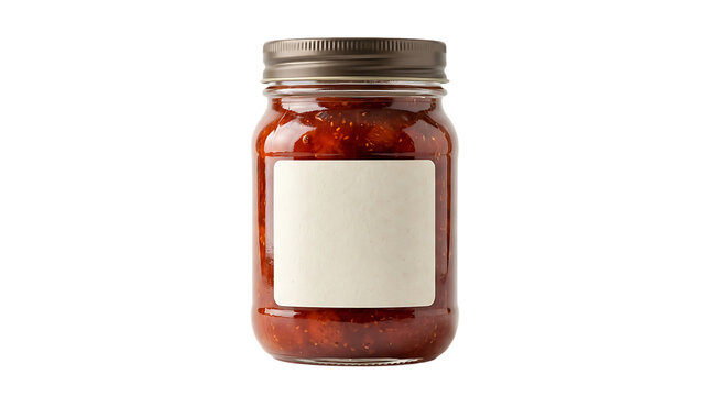 Glass jar filled with red fruit jam and a blank label for branding PNG Isolated on transparent background