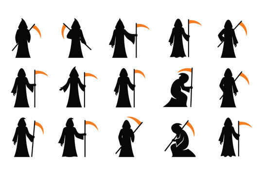 Set of silhouettes of the grim reaper holding a scythe in various poses for halloween design elements