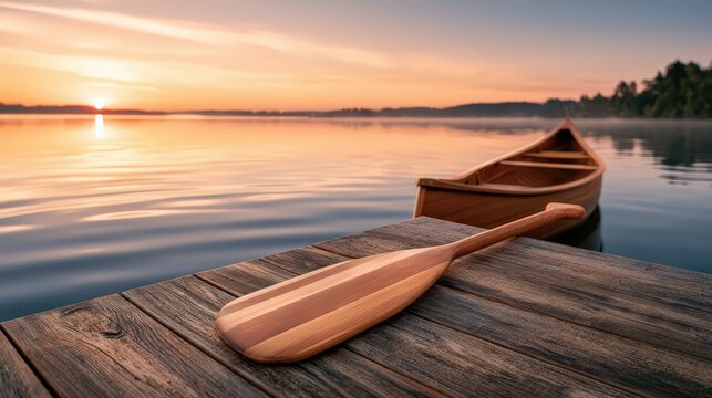 Wooden Canoe and Paddle at Sunrise on a Calm Lake Dock