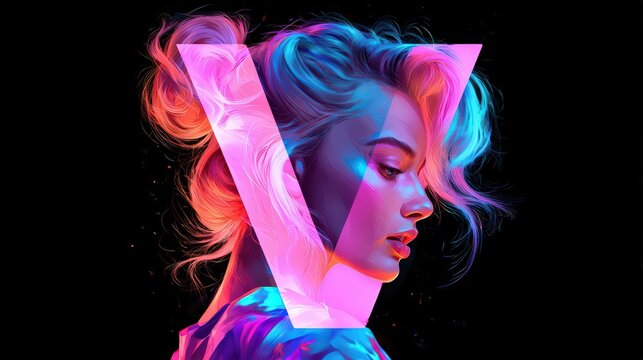 Woman Illuminated by Neon Colors with Stylized Pink V Shape Overlay