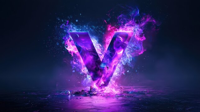 Vibrant Glowing Crystal Letter V with Energetic Smoke Effect