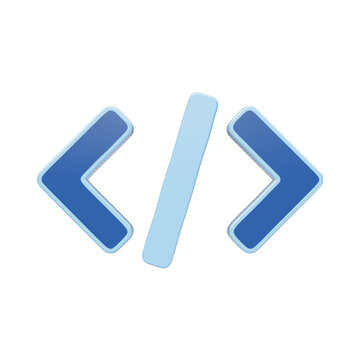 A 3D blue code bracket icon with a slash symbol in the center representing programming and software development isolated on a black background
