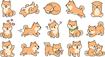 Obraz premium Cute Shiba Inu Dog Vector Character Set with Different Puppy Poses and Activity Expressions for Kids Sticker Designs