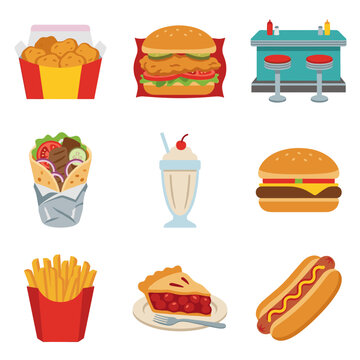 Retro diner and fast food icon collection, pixel art style with chicken nuggets, burger, milkshake, gyro, pie, and hot dog
