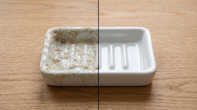 Dirty and Clean Ceramic Soap Dish Comparison on Wooden Table