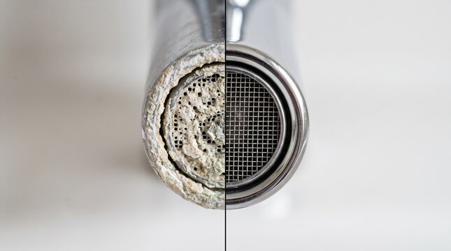 Detailed Before And After Of A Faucet Spout With Hardwater Deposits