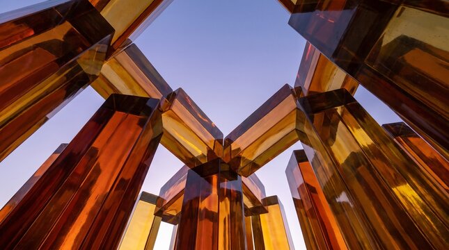 Abstract Amber Glass Sculpture Mimicking Autumn Forest Canopy Against Sky