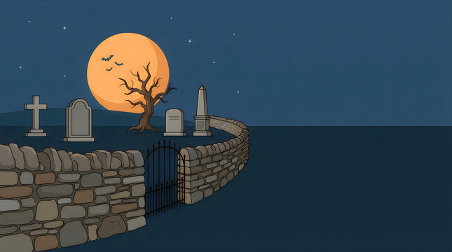 Spooky graveyard with old tombstones and a big orange moon in a dark night sky illustration
