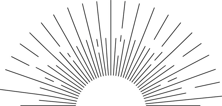Minimalist black line art illustration of a rising sun with radiating light rays on a clean white background for modern design.