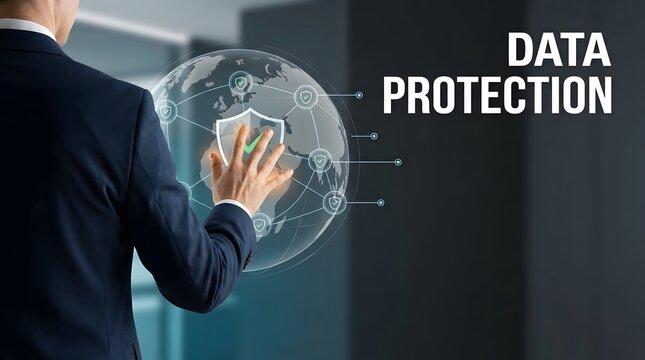 Businessman interacting with a digital globe interface for global data protection and cyber security concepts