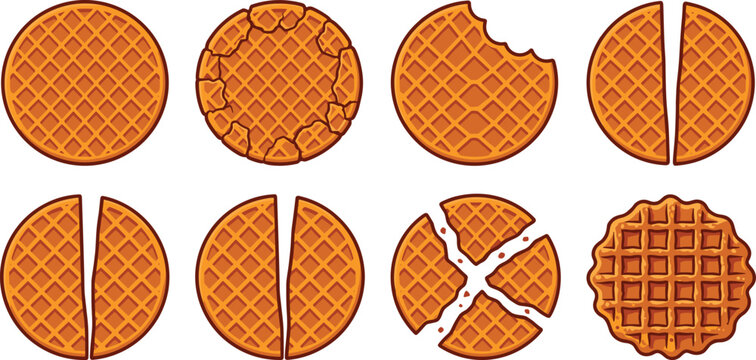 Round Stroopwafel and Belgian Waffle Icon Set with Whole Broken Half and Bitten Biscuits for Bakery Menu and Cafe Graphic Designs