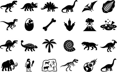 Dinosaur icon set with prehistoric animals. Black silhouette collection of 24 vector elements. Paleontology symbols for education and design. © md